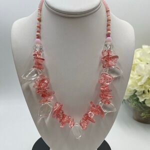 Cherry Quartz & Clear Quartz Chip Bead Statement Necklace‎ Pink Coral Gemstone
